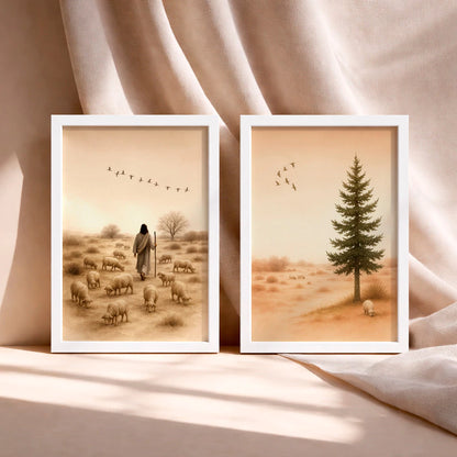 Kit 2 Quadros Decorativos com Moldura Jesus Pastor Ovelhas Paisagem Religioso Fé NOXHome