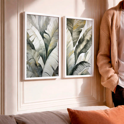 Kit 2 Quadros Decorativos com Moldura Folhas Tropicais Verde Cinza NOXHome