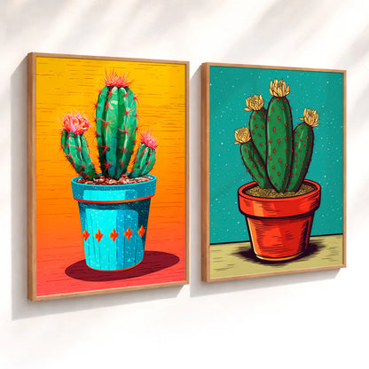 Kit 2 Quadros Decorativos com Moldura Cacto Colorido Arte Vibrante Criativo NOXHome