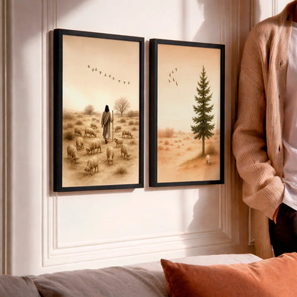 Kit 2 Quadros Decorativos com Moldura Jesus Pastor Ovelhas Paisagem Religioso Fé NOXHome