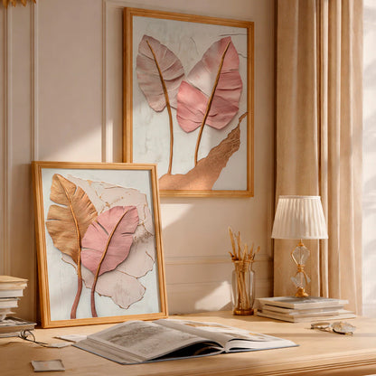 Kit 2 Quadros Decorativos com Moldura Folhas Rosé Gold Textura Elegante Luxo NOXHome