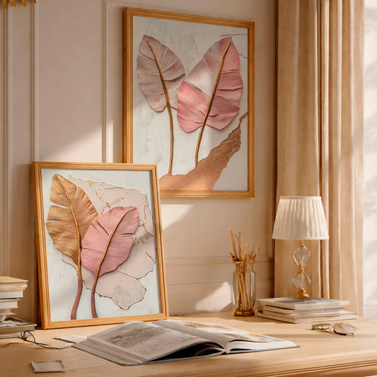 Kit 2 Quadros Decorativos com Moldura Folhas Rosé Gold Textura Elegante Luxo NOXHome