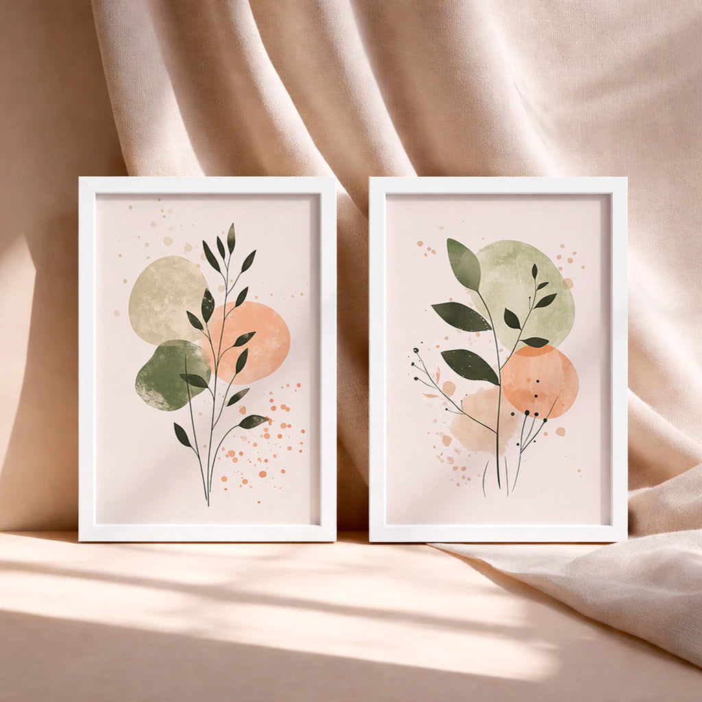 Kit 2 Quadros Decorativos com Moldura Folhas Orgânicas Tons Verde Terracota Minimalista NOXHome