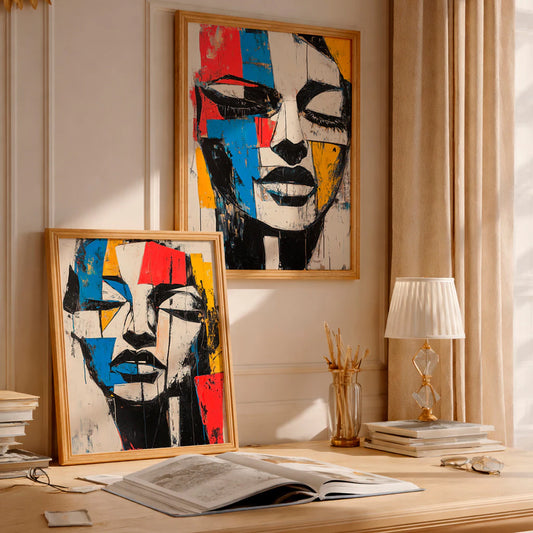 Kit 2 Quadros Decorativos com Moldura Rosto Abstrato Colorido Moderno NOXHome