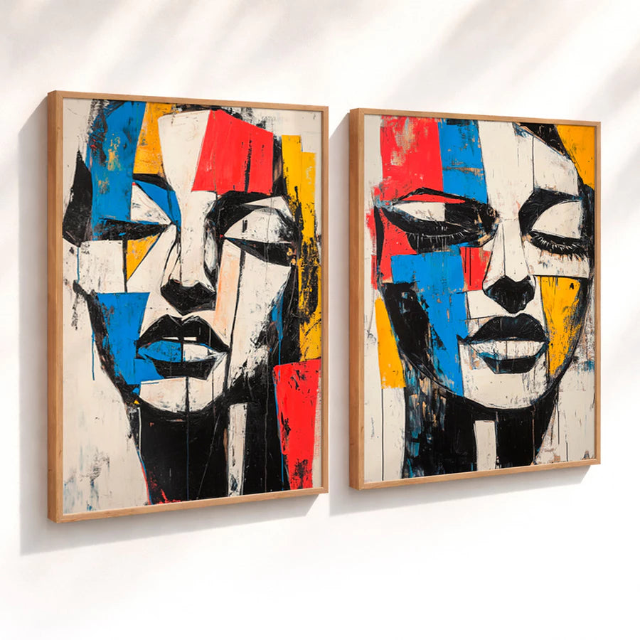 Kit 2 Quadros Decorativos com Moldura Rosto Abstrato Colorido Moderno NOXHome
