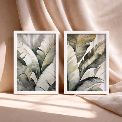 Kit 2 Quadros Decorativos com Moldura Folhas Tropicais Verde Cinza NOXHome