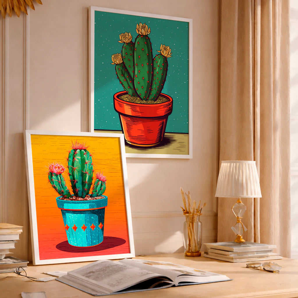 Kit 2 Quadros Decorativos com Moldura Cacto Colorido Arte Vibrante Criativo NOXHome
