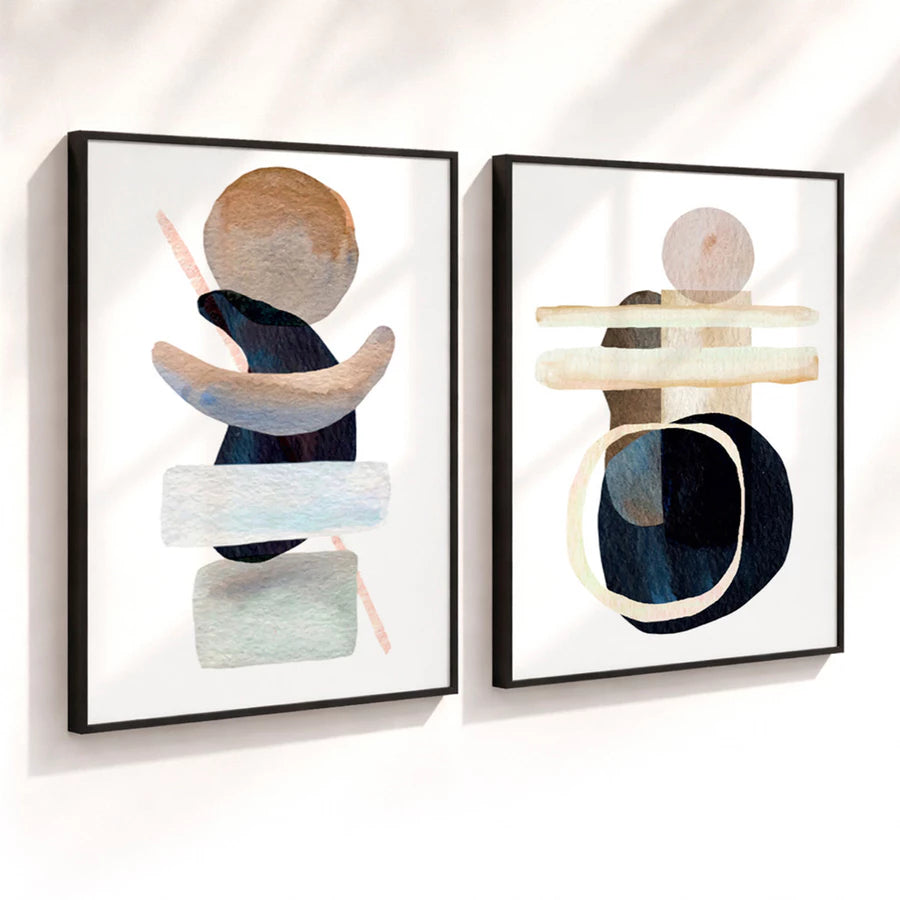 Kit 2 Quadros Decorativos com Moldura Abstrato Neutro Formas Orgânicas Bege NOXHome