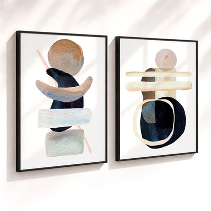 Kit 2 Quadros Decorativos com Moldura Abstrato Neutro Formas Orgânicas Bege NOXHome