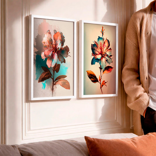 Kit 2 Quadros Decorativos com Moldura Flor Colorida Arte Moderna Tons Pastel NOXHome