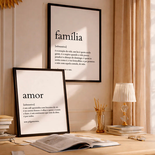 Kit 2 Quadros Decorativos com Moldura Frases Amor Família Minimalista NOXHome