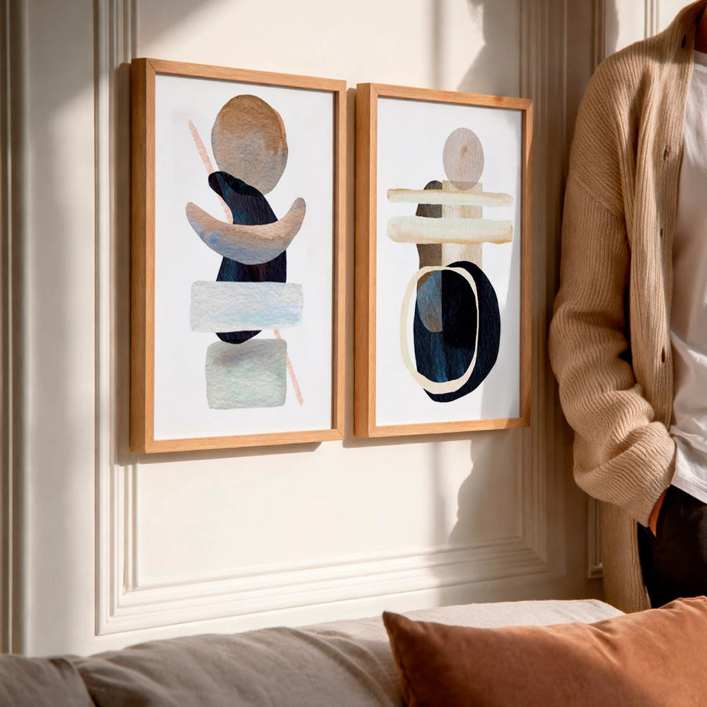 Kit 2 Quadros Decorativos com Moldura Abstrato Neutro Formas Orgânicas Bege NOXHome