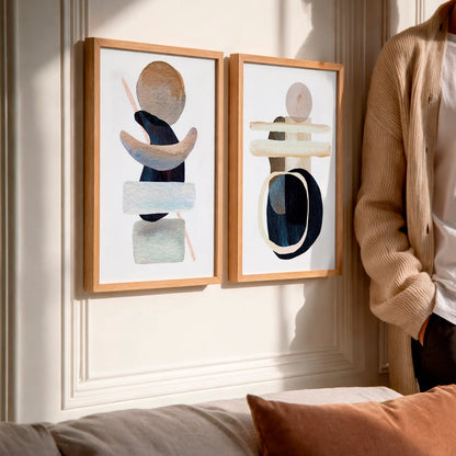 Kit 2 Quadros Decorativos com Moldura Abstrato Neutro Formas Orgânicas Bege NOXHome