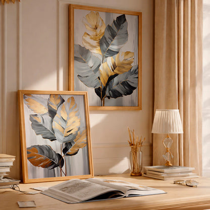 Kit 2 Quadros Decorativos com Moldura Folhas Cinza Dourado Tropical Moderno NOXHome