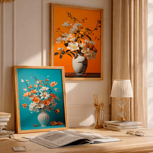 Kit 2 Quadros Decorativos com Moldura Vaso Flores Laranja Azul Moderno NOXHome