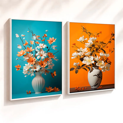 Kit 2 Quadros Decorativos com Moldura Vaso Flores Laranja Azul Moderno NOXHome