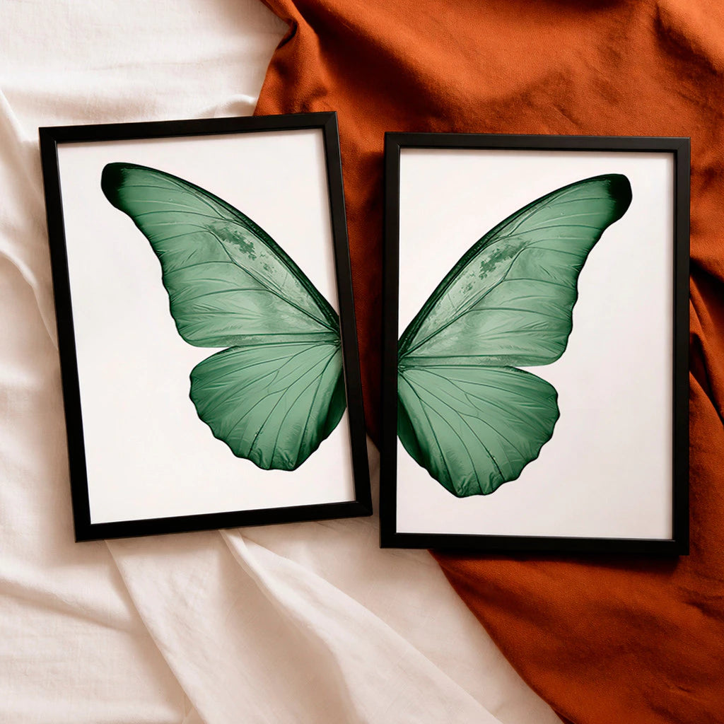 Kit 2 Quadros Decorativos com Moldura Asas Borboleta Verde Minimalista NOXHome