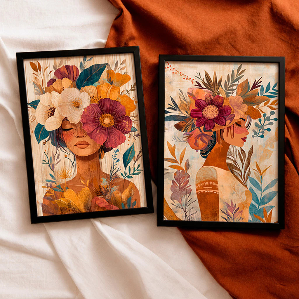 Kit 2 Quadros Decorativos com Moldura Mulher Flores Arte Boho Tons Terrosos NOXHome