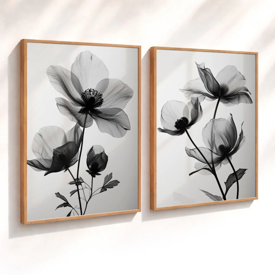 Kit 2 Quadros Decorativos com Moldura Flores Preto e Branco Floral Minimalista NOXHome