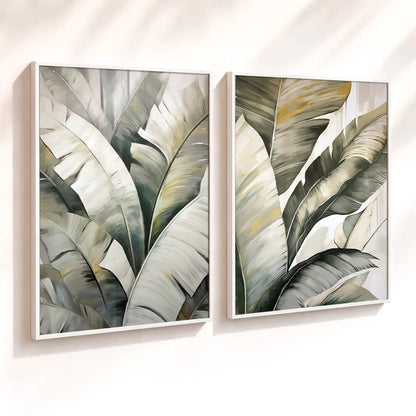 Kit 2 Quadros Decorativos com Moldura Folhas Tropicais Verde Cinza NOXHome