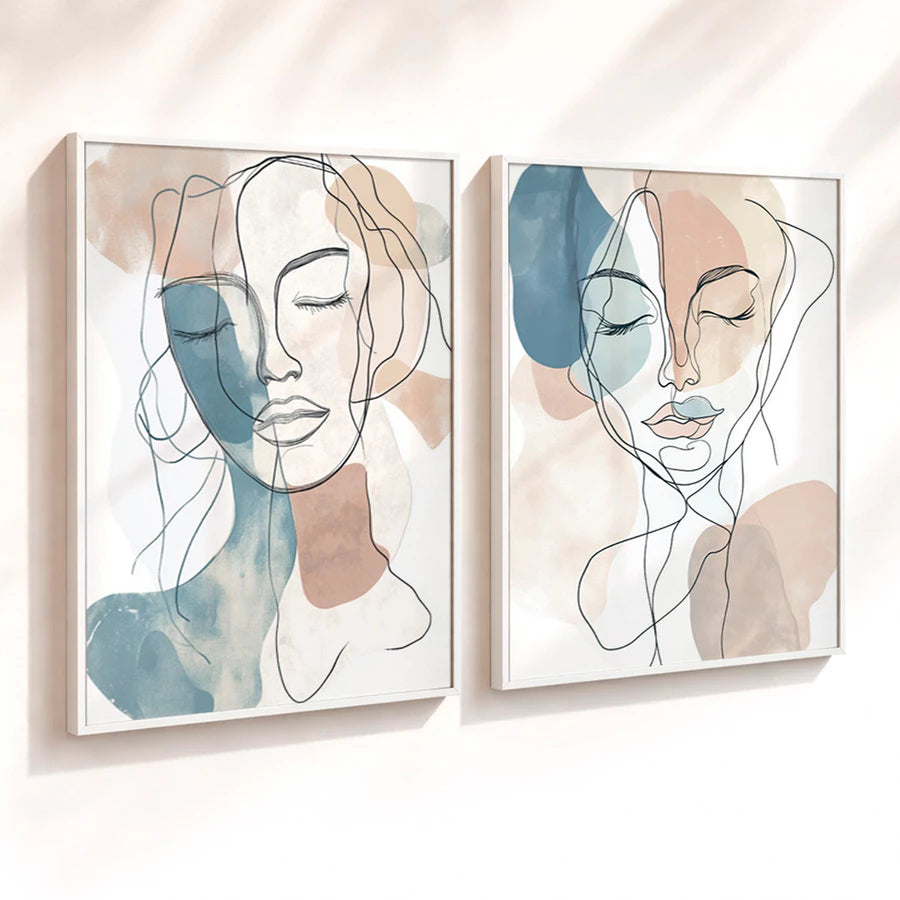 Kit 2 Quadros Decorativos com Moldura Rosto Feminino Abstrato Minimalista NOXHome