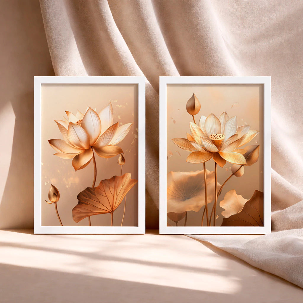 Kit 2 Quadros Decorativos com Moldura Flor de Lótus Dourada Arte Zen Elegante NOXHome