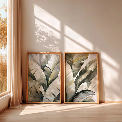 Kit 2 Quadros Decorativos com Moldura Folhas Tropicais Verde Cinza NOXHome