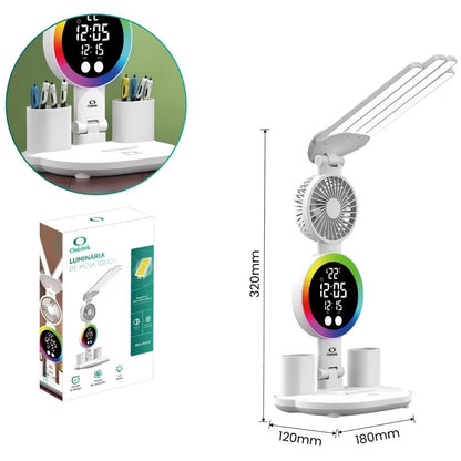 Luminária de Mesa LED Multifuncional NOXHome com Ventilador, Relógio e Porta-Canetas | Touch Screen | USB | Quarto, Escritório e Estudo