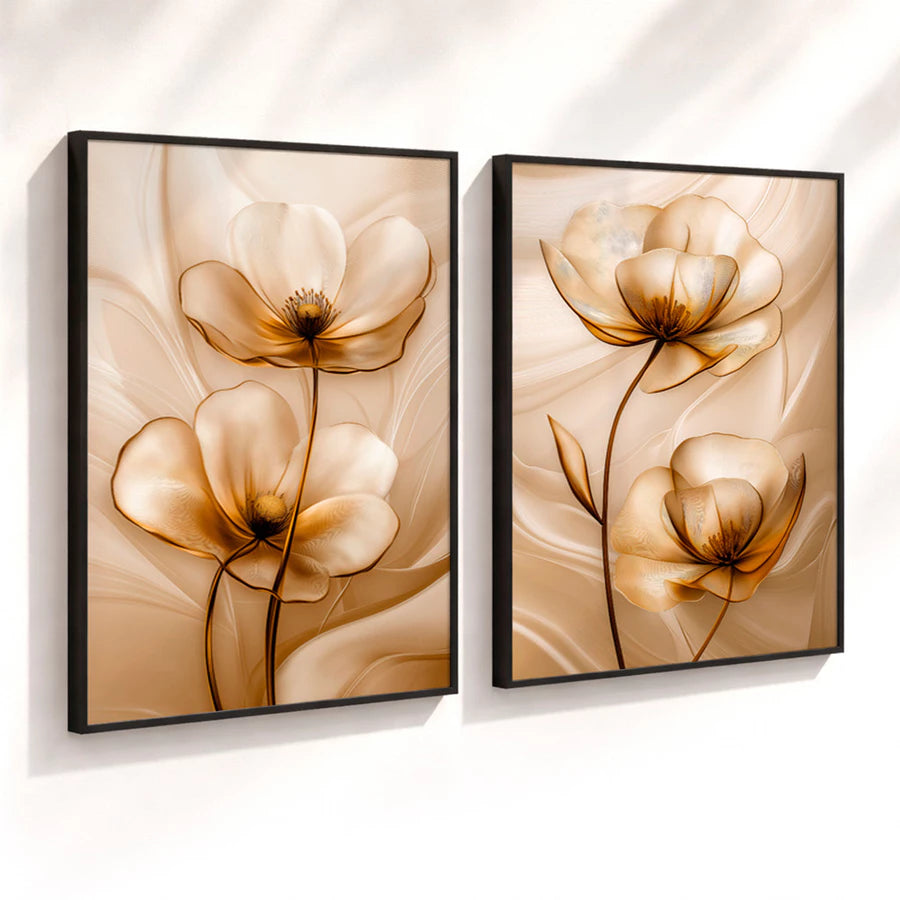 Kit 2 Quadros Decorativos com Moldura Flores Douradas Elegantes Luxo Floral Bege NOXHome