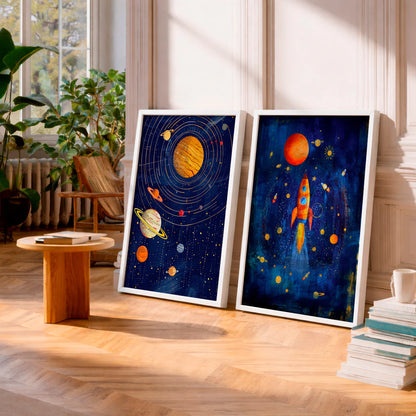 Kit 2 Quadros Decorativos com Moldura Espaço Planetas Foguete Infantil Galáxia NOXHome