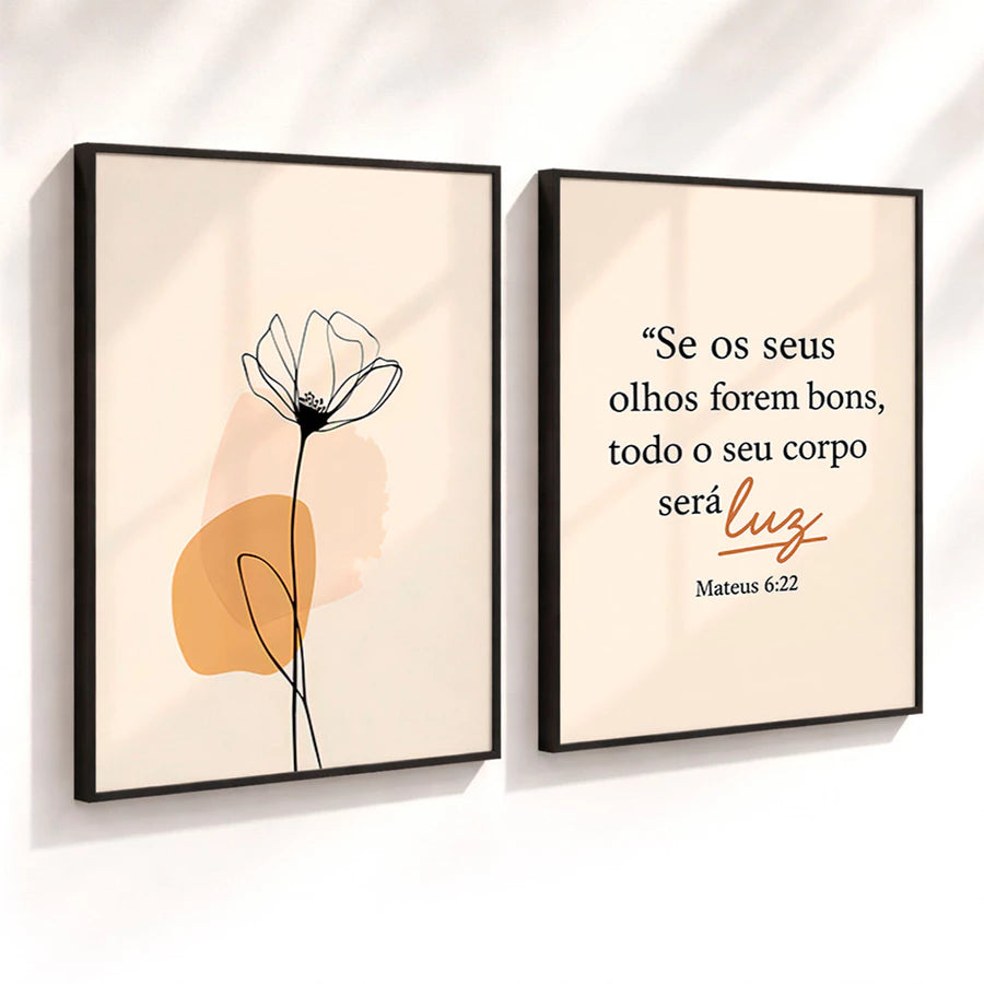 Kit 2 Quadros Decorativos com Moldura Flor Versículo Bíblico Mateus 6:22 Fé NOXHome