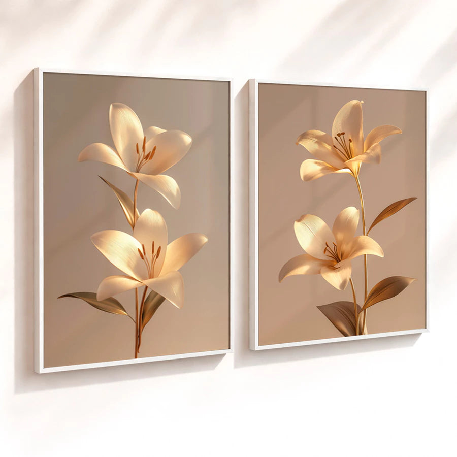 Kit 2 Quadros Decorativos com Moldura Flores Douradas 3D Elegante Luxo NOXHome