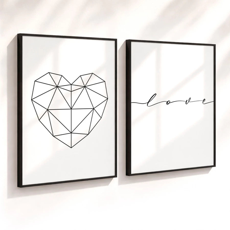 Kit 2 Quadros Decorativos com Moldura Coração Geométrico Love Minimalista NOXHome