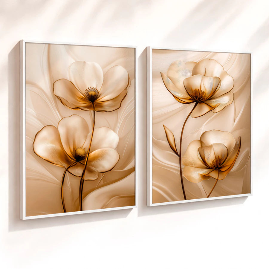 Kit 2 Quadros Decorativos com Moldura Flores Douradas Elegantes Luxo Floral Bege NOXHome