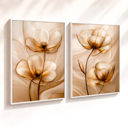 Kit 2 Quadros Decorativos com Moldura Flores Douradas Elegantes Luxo Floral Bege NOXHome