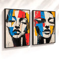Kit 2 Quadros Decorativos com Moldura Rosto Abstrato Colorido Moderno NOXHome