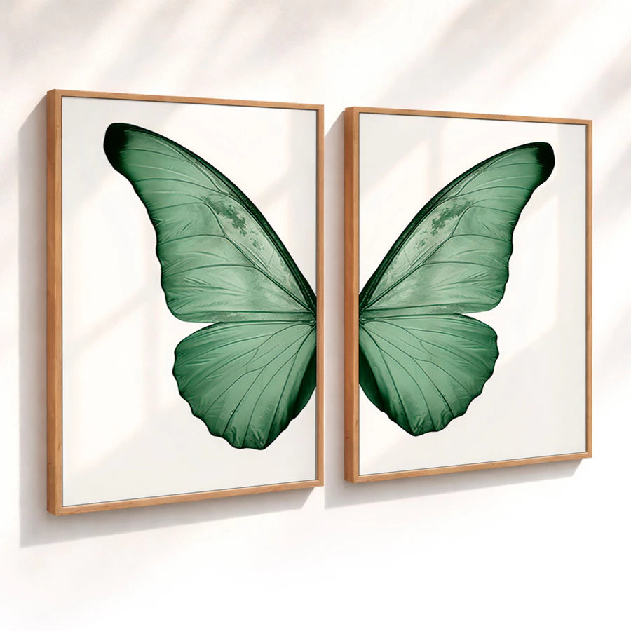 Kit 2 Quadros Decorativos com Moldura Asas Borboleta Verde Minimalista NOXHome