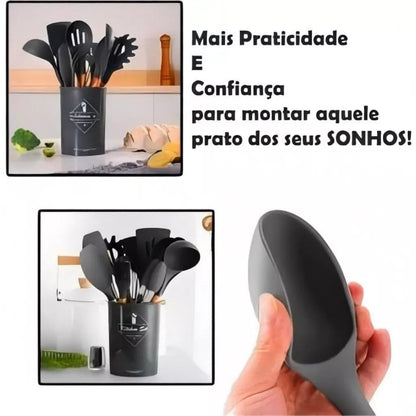 Kit Utensílios de Cozinha NOXHome | Silicone com Cabo de Bambu – 12 Peças