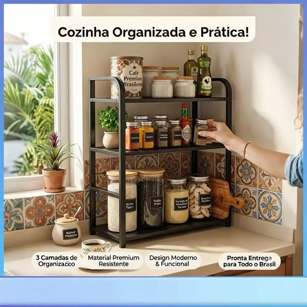 Prateleira Organizadora de Cozinha NOXHome | Aço Antiferrugem com Madeira – 3 Andares