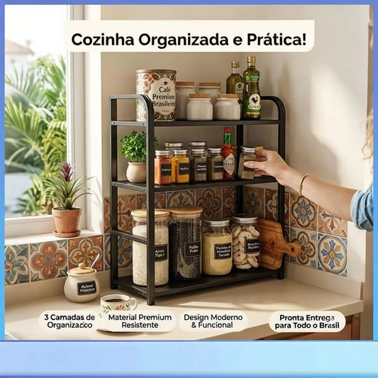 Prateleira Organizadora de Cozinha NOXHome | Aço Antiferrugem com Madeira – 3 Andares