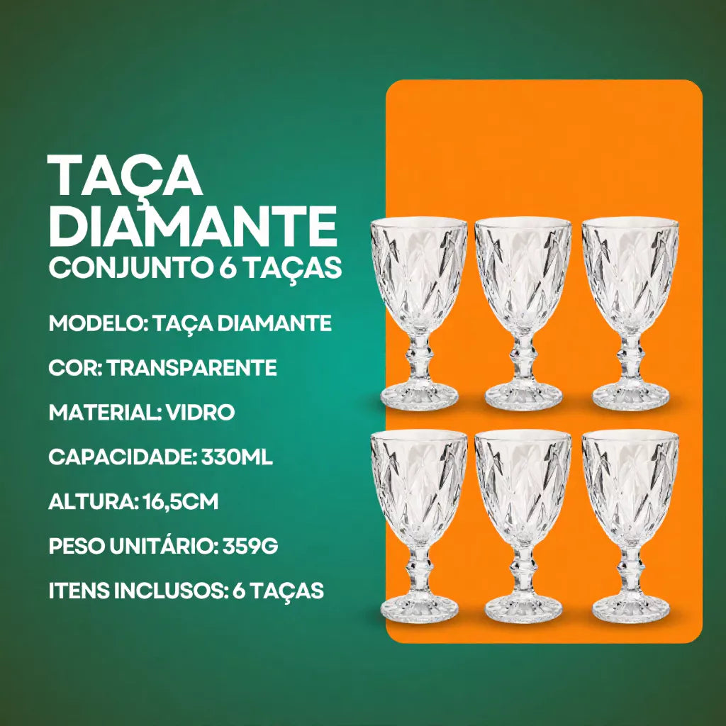 Jogo de Taças Diamante NOXHome | Vidro Transparente 330ml – Kit 6 Peças
