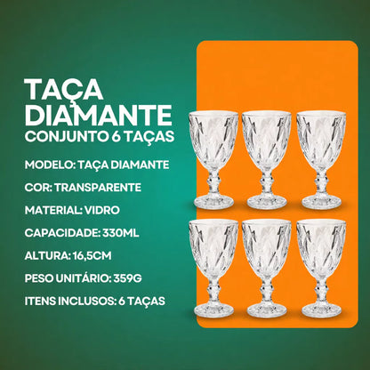 Jogo de Taças Diamante NOXHome | Vidro Transparente 330ml – Kit 6 Peças